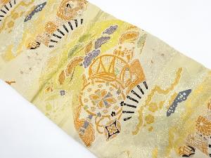 アンティーク　扇面に貝桶・鼓模様織り出し丸帯（材料）